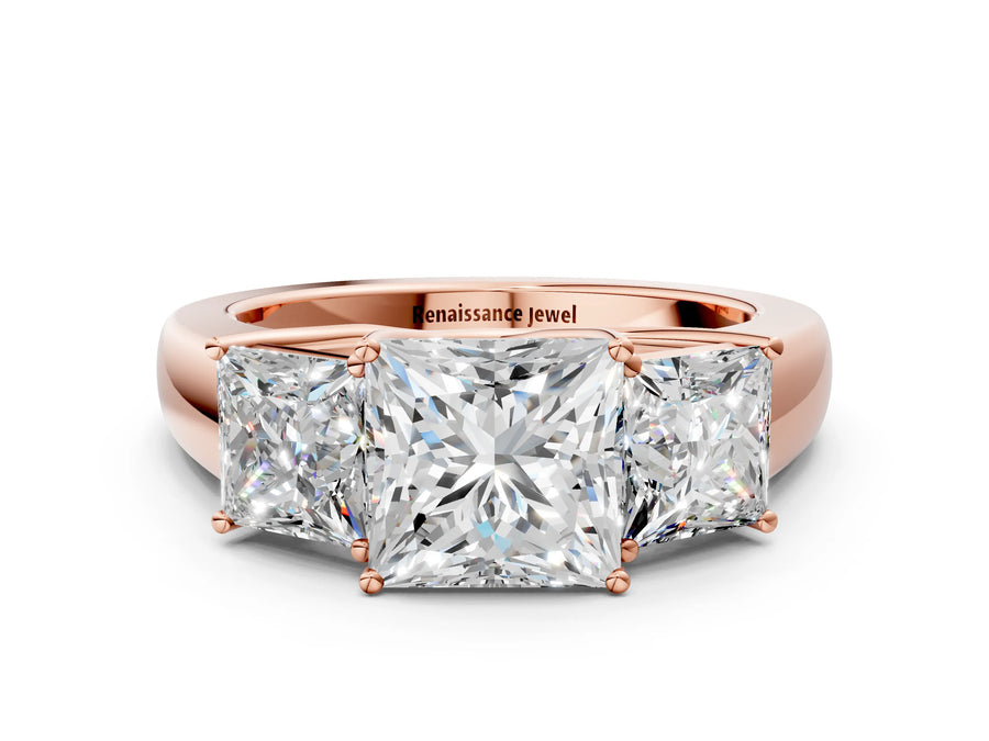 Rose gold Three-Stone Princess Cut Diamond Ring with Prong Setting and Classic Band