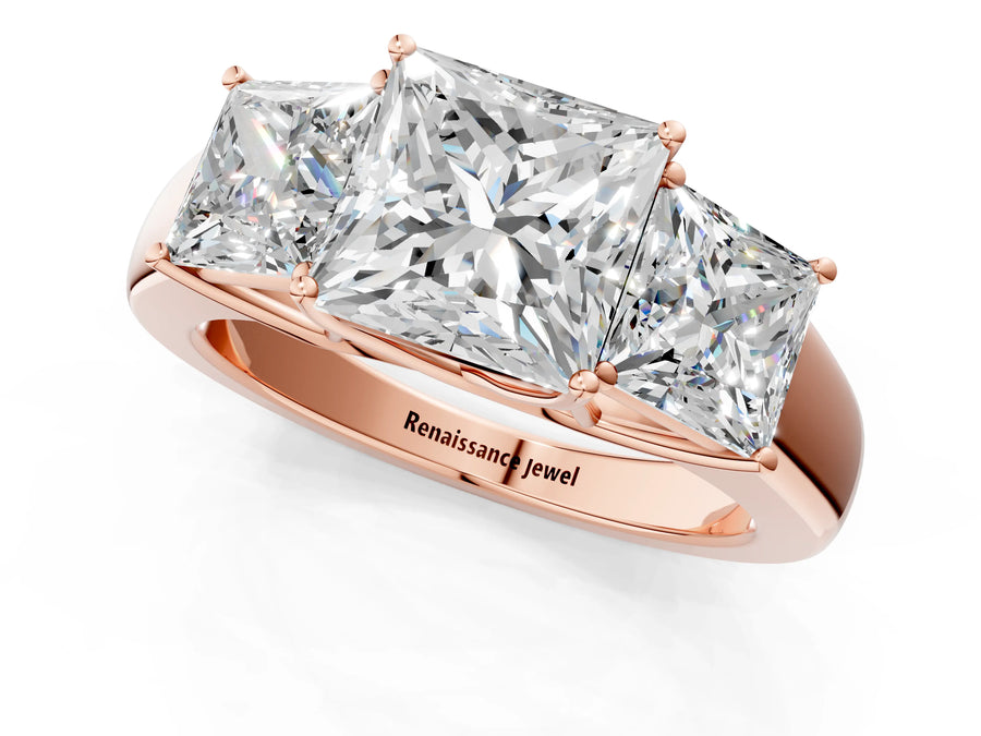 Rose gold Three-Stone Princess Cut Diamond Ring with Prong Setting and Classic Band