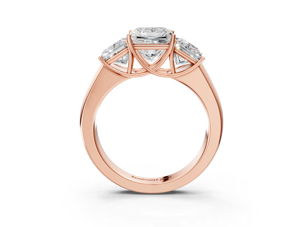 Rose gold Three-Stone Princess Cut Diamond Ring with Prong Setting and Classic Band