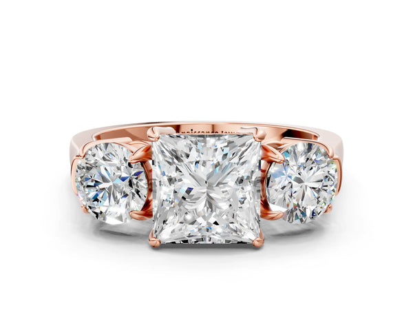 Rose gold Three-Stone Princess Cut Diamond Ring with Round Accent Stones, Prong Setting, and Classic Band