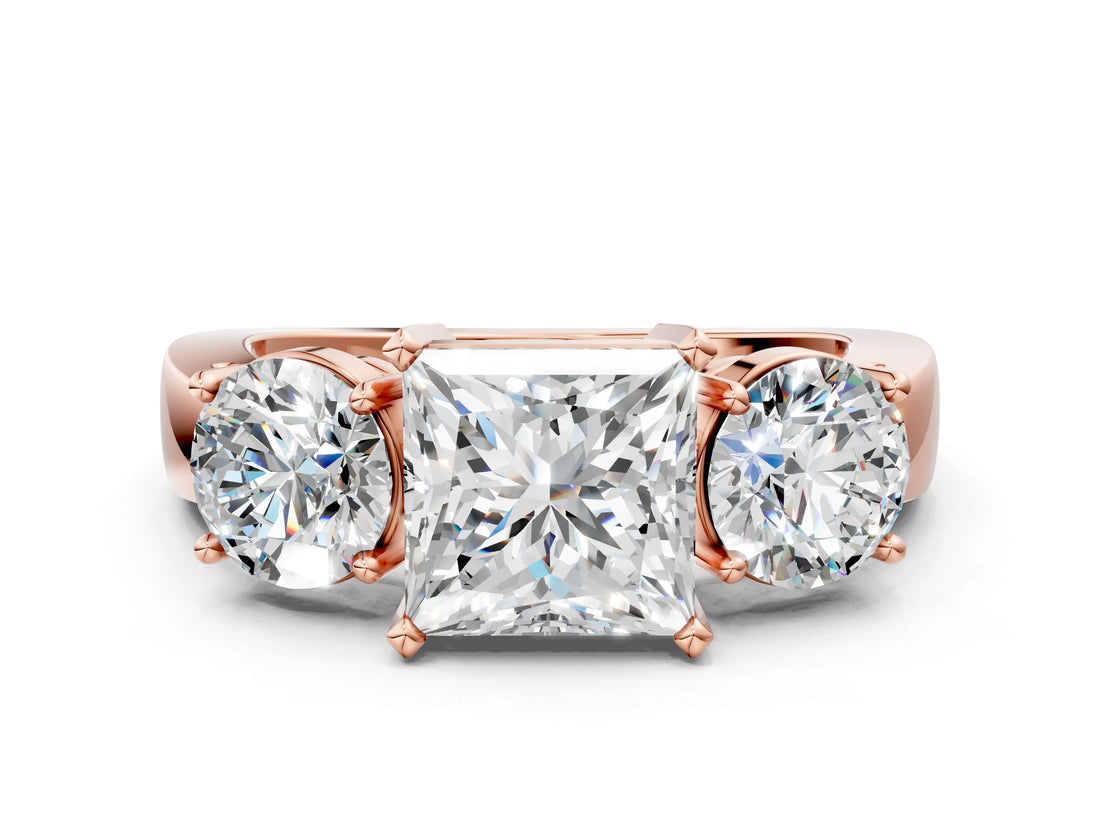 Rose gold Three-Stone Princess Cut Diamond Ring with Round Side Stones, Classic Band, and Four-Prong Setting_3