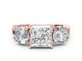 Rose gold Three-Stone Princess Cut Diamond Ring with Round Side Stones, Classic Band, and Four-Prong Setting_3