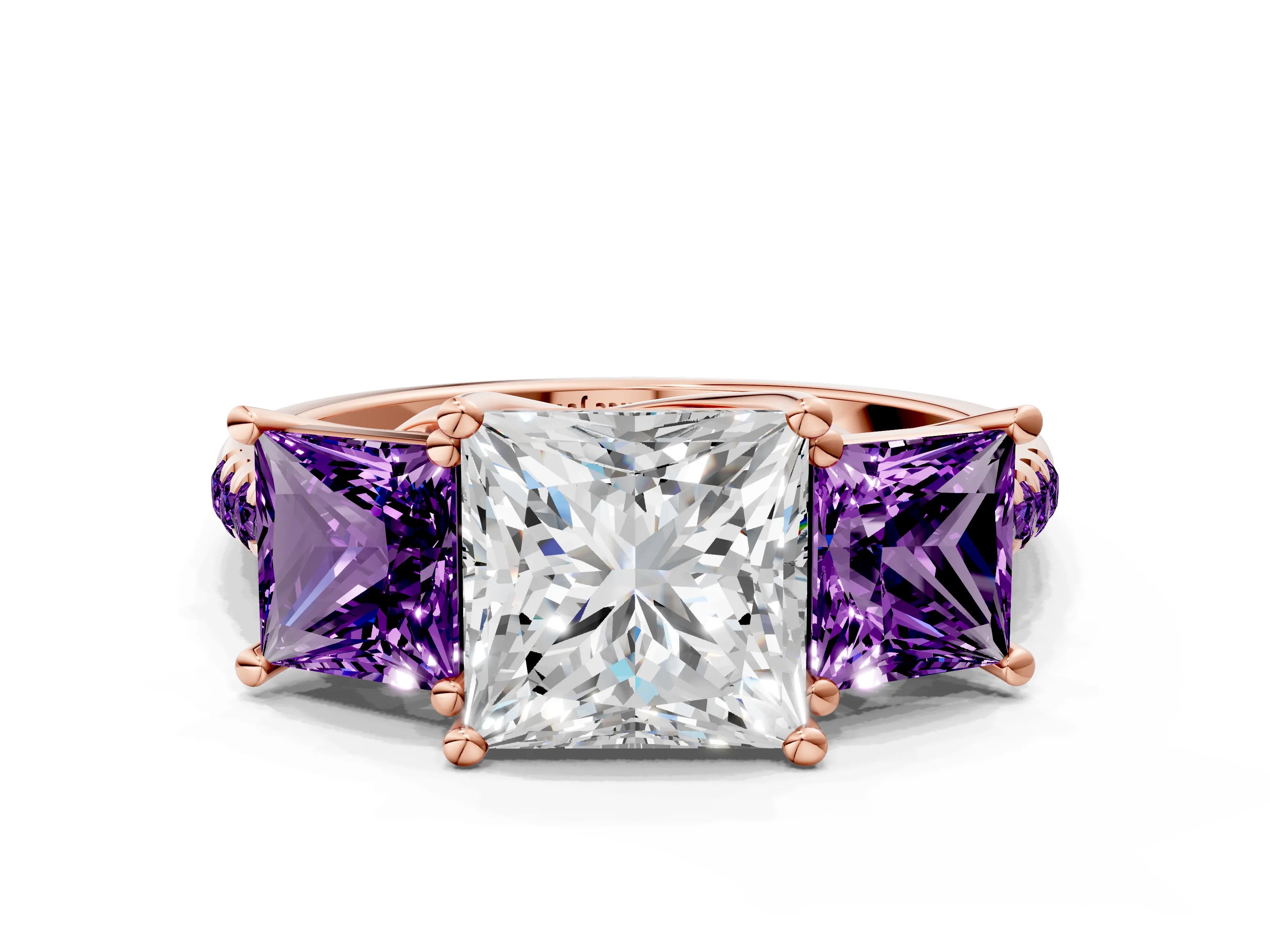 Rose gold Three-Stone Princess Cut Diamond Ring with Round with Amethyst side stone Pavé Band and Prong Setting
