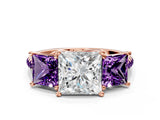 Rose gold Three-Stone Princess Cut Diamond Ring with Round with Amethyst side stone Pavé Band and Prong Setting