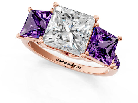 Rose gold Three-Stone Princess Cut Diamond Ring with Round with Amethyst side stone Pavé Band and Prong Setting_1