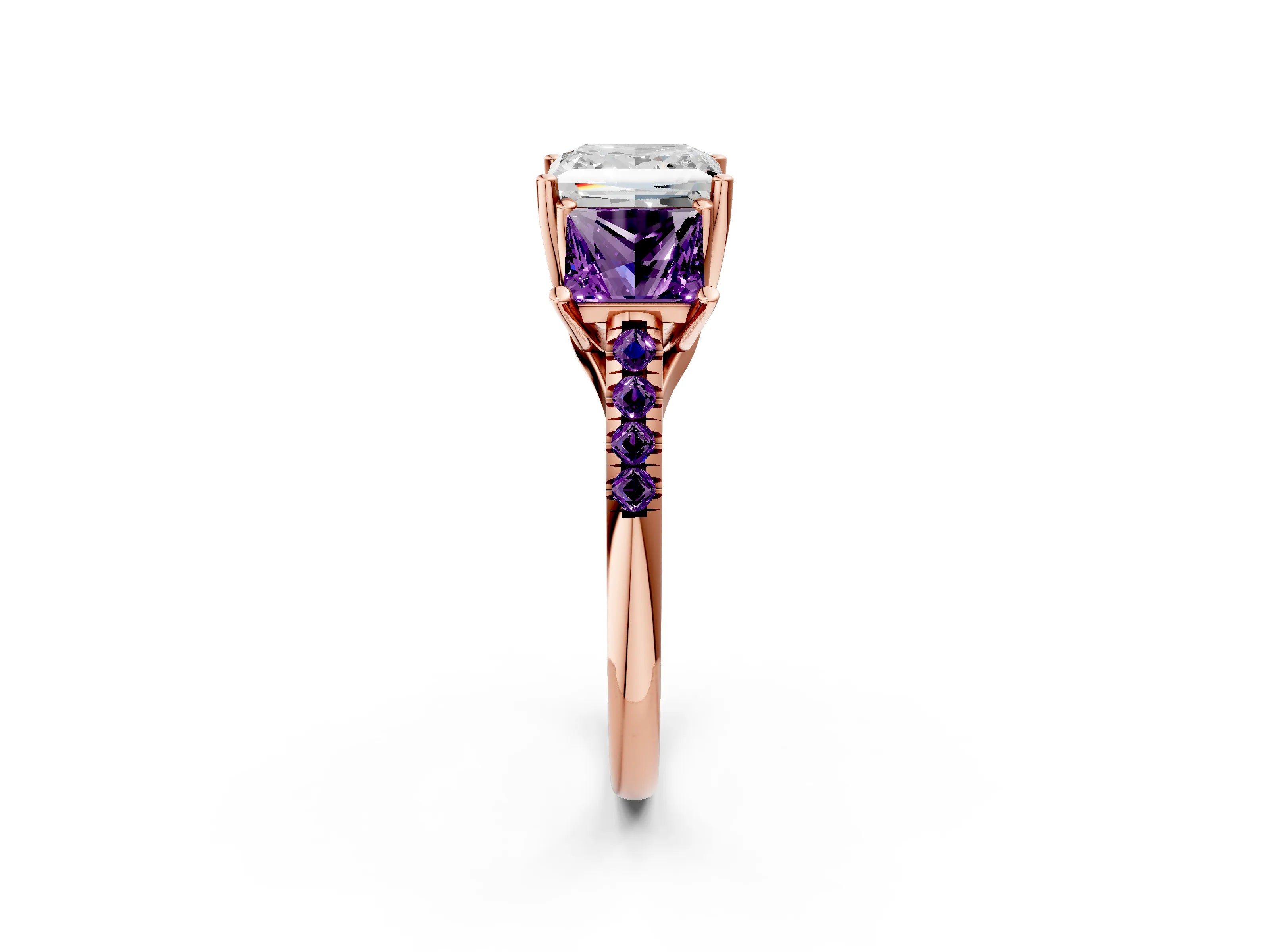 Rose gold Three-Stone Princess Cut Diamond Ring with Round with Amethyst side stone Pavé Band and Prong Setting_2
