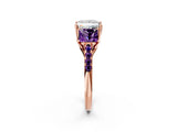 Rose gold Three-Stone Princess Cut Diamond Ring with Round with Amethyst side stone Pavé Band and Prong Setting_2