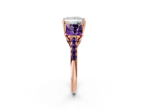 Rose gold Three-Stone Princess Cut Diamond Ring with Round with Amethyst side stone Pavé Band and Prong Setting_2