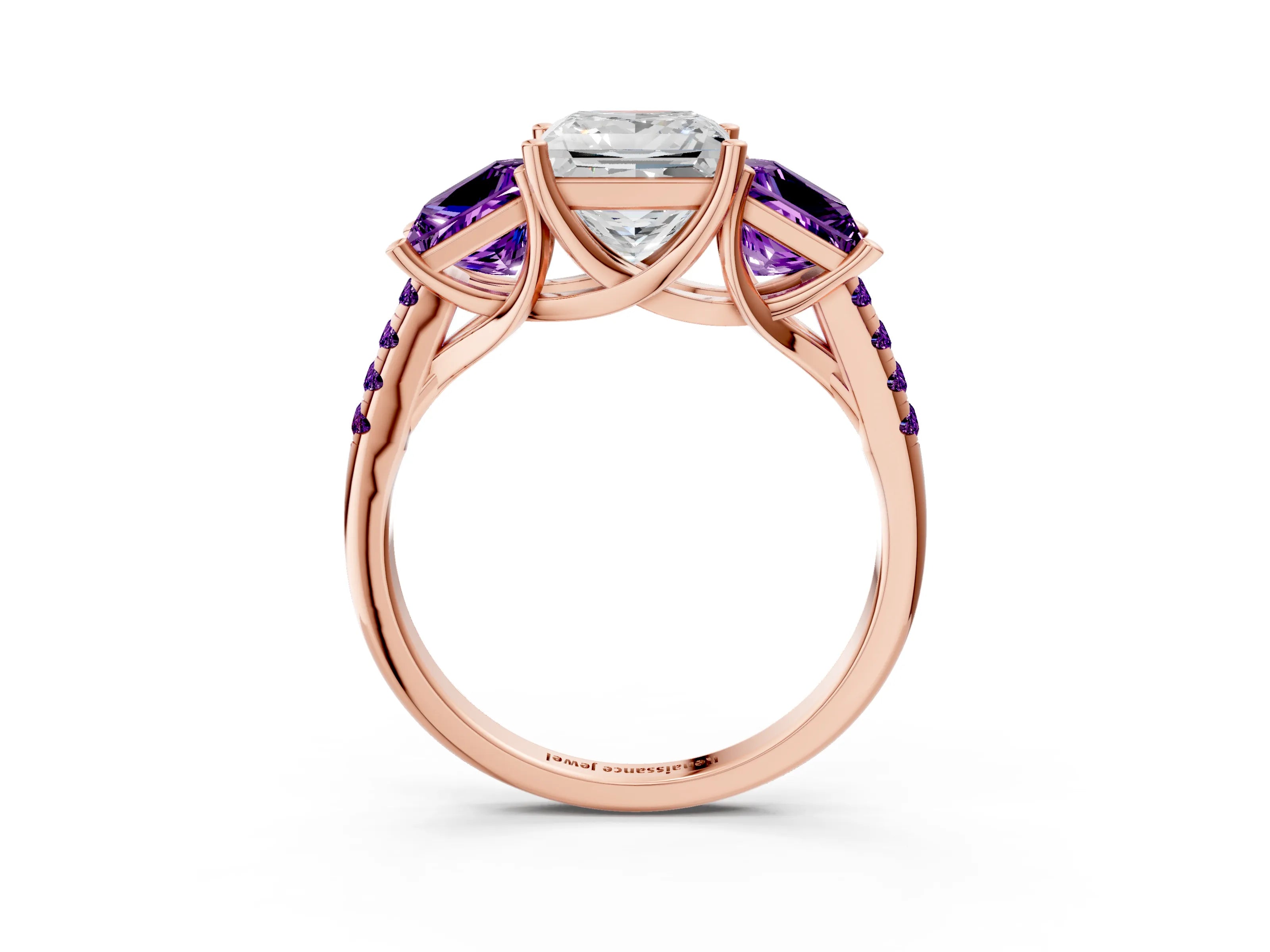 Rose gold Three-Stone Princess Cut Diamond Ring with Round with Amethyst side stone Pavé Band and Prong Setting_3