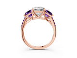 Rose gold Three-Stone Princess Cut Diamond Ring with Round with Amethyst side stone Pavé Band and Prong Setting_3