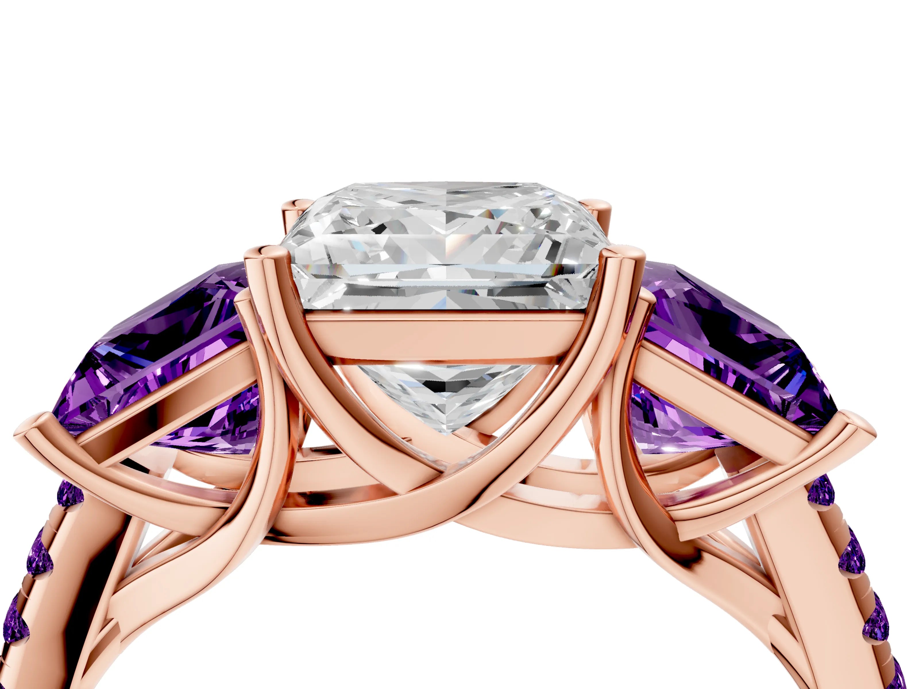 Rose gold Three-Stone Princess Cut Diamond Ring with Round with Amethyst side stone Pavé Band and Prong Setting_4
