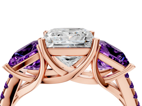 Rose gold Three-Stone Princess Cut Diamond Ring with Round with Amethyst side stone Pavé Band and Prong Setting_4