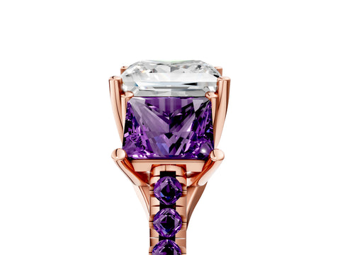 Rose gold Three-Stone Princess Cut Diamond Ring with Round with Amethyst side stone Pavé Band and Prong Setting_5