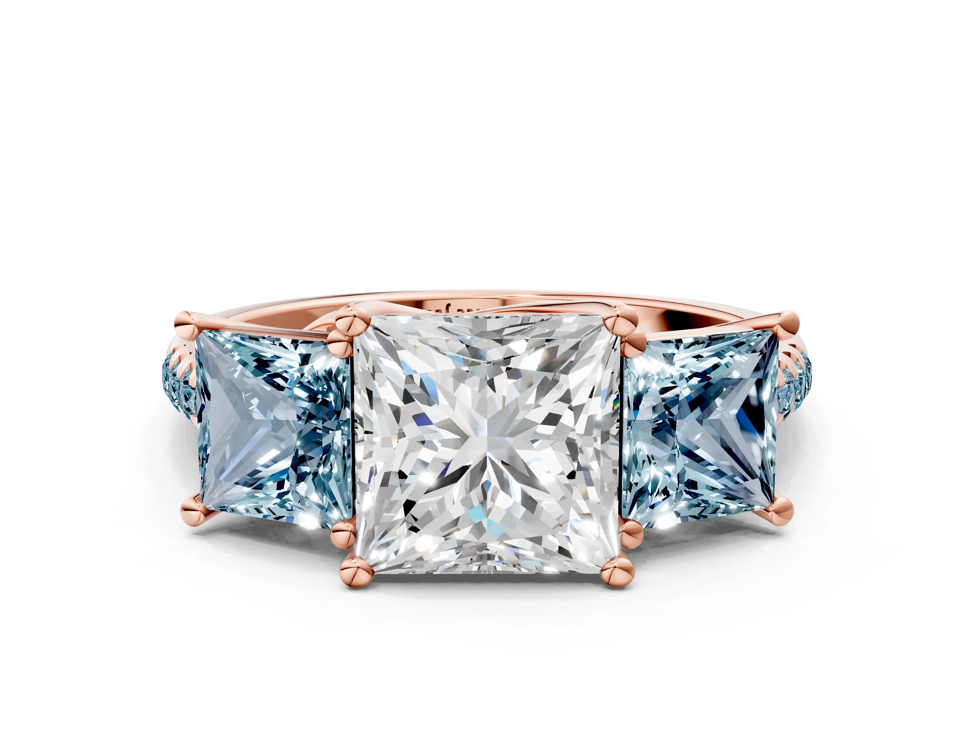 Rose gold Three-Stone Princess Cut Diamond Ring with Round with Aquamarine side stone Pavé Band and Prong Setting