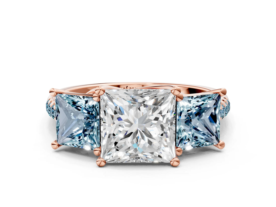 Rose gold Three-Stone Princess Cut Diamond Ring with Round with Aquamarine side stone Pavé Band and Prong Setting