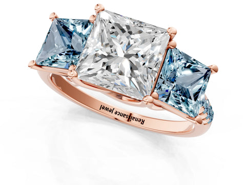Rose gold Three-Stone Princess Cut Diamond Ring with Round with Aquamarine side stone Pavé Band and Prong Setting_1