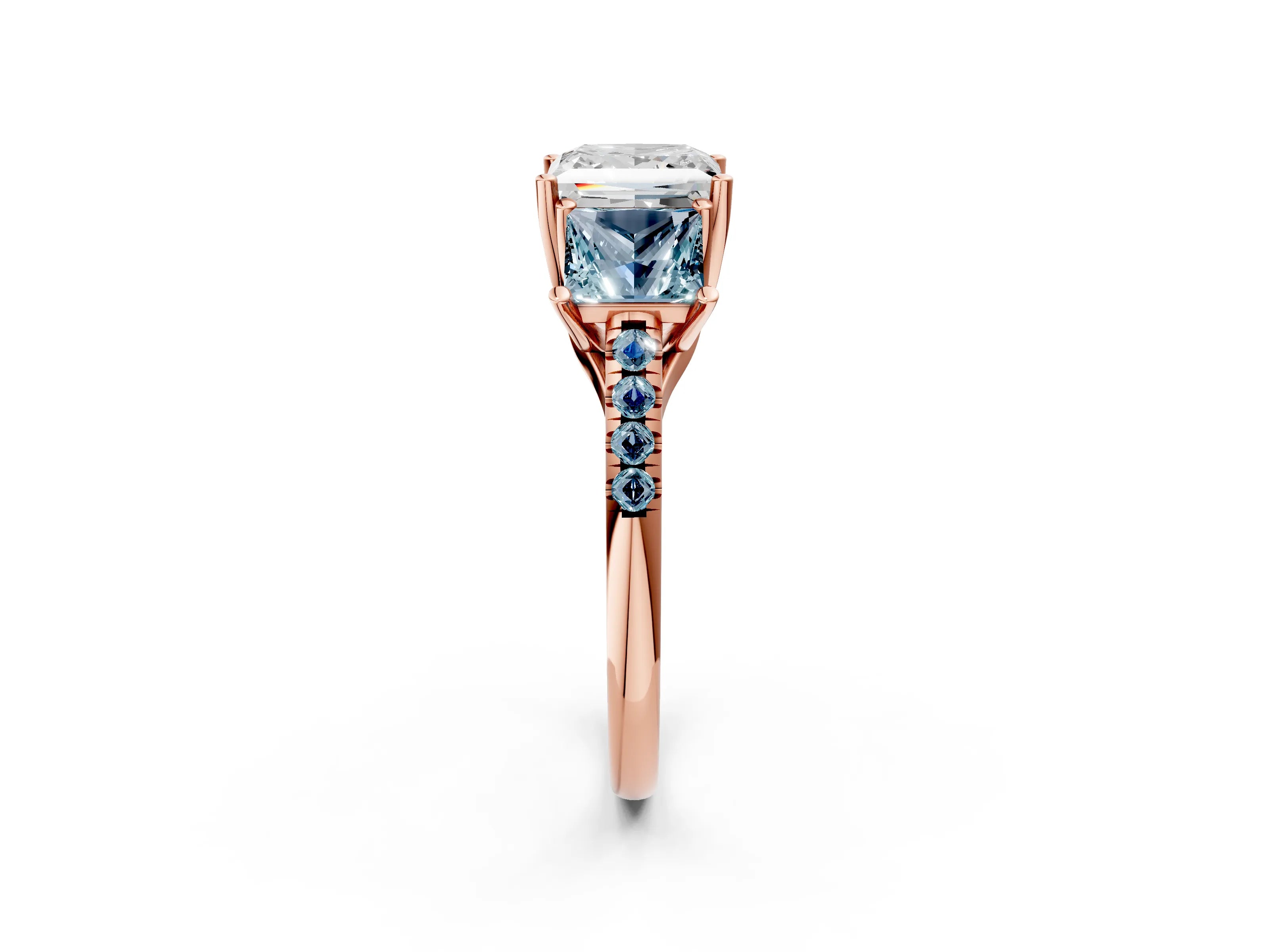 Rose gold Three-Stone Princess Cut Diamond Ring with Round with Aquamarine side stone Pavé Band and Prong Setting_2