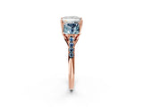 Rose gold Three-Stone Princess Cut Diamond Ring with Round with Aquamarine side stone Pavé Band and Prong Setting_2