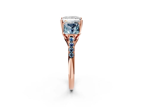 Rose gold Three-Stone Princess Cut Diamond Ring with Round with Aquamarine side stone Pavé Band and Prong Setting_2
