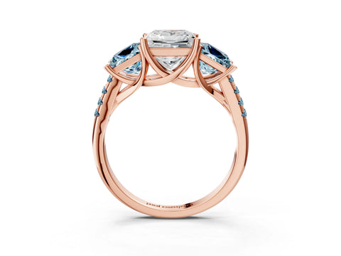 Rose gold Three-Stone Princess Cut Diamond Ring with Round with Aquamarine side stone Pavé Band and Prong Setting_3
