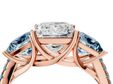 Rose gold Three-Stone Princess Cut Diamond Ring with Round with Aquamarine side stone Pavé Band and Prong Setting_4