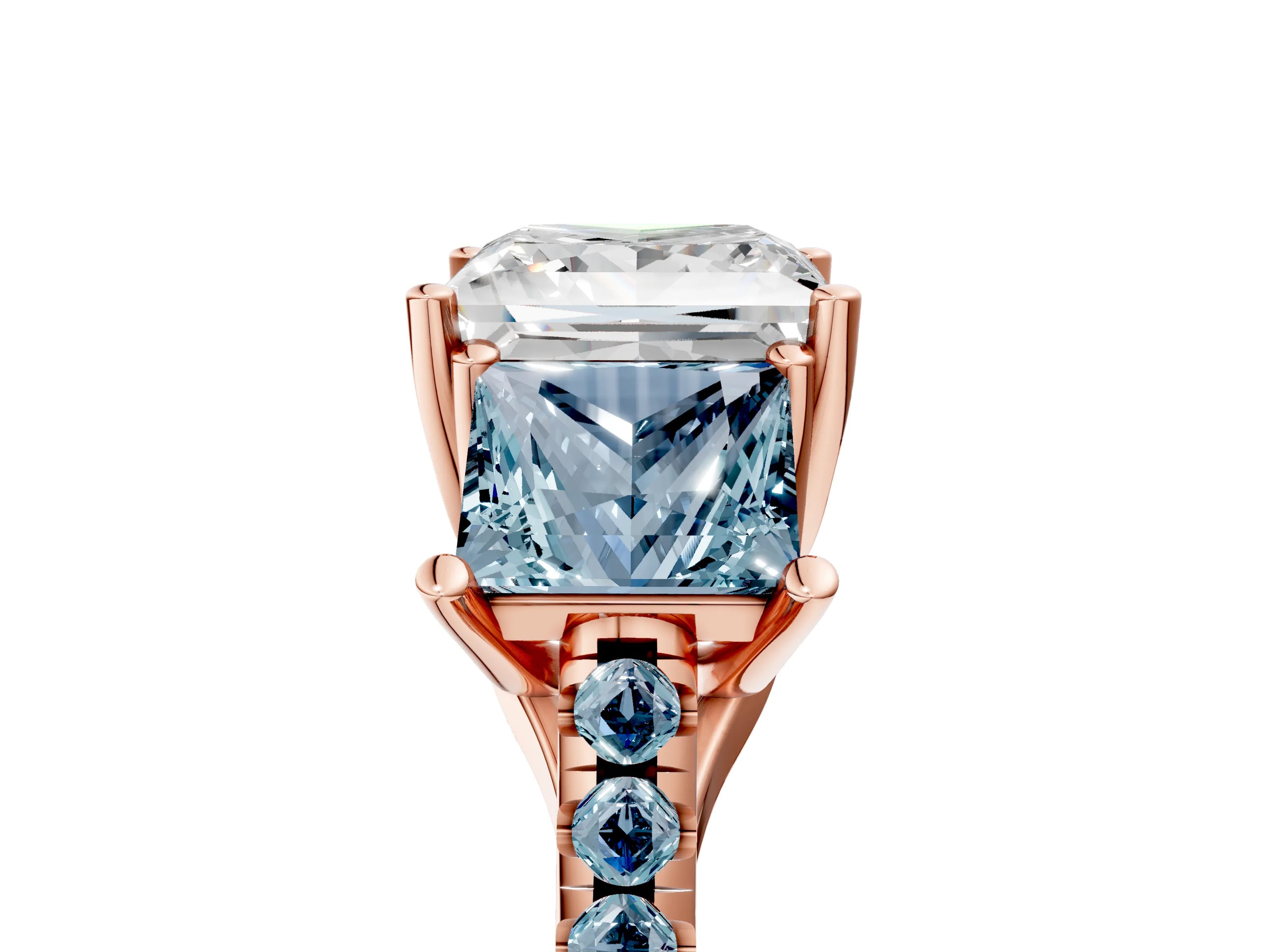Rose gold Three-Stone Princess Cut Diamond Ring with Round with Aquamarine side stone Pavé Band and Prong Setting_5