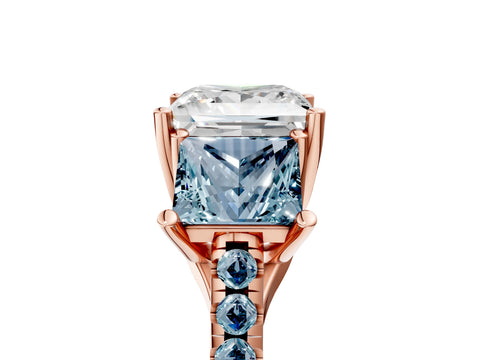 Rose gold Three-Stone Princess Cut Diamond Ring with Round with Aquamarine side stone Pavé Band and Prong Setting_5