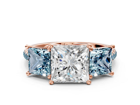 Rose gold Three-Stone Princess Cut Diamond Ring with Round with Aquamarine side stone Pavé Band and Prong Setting