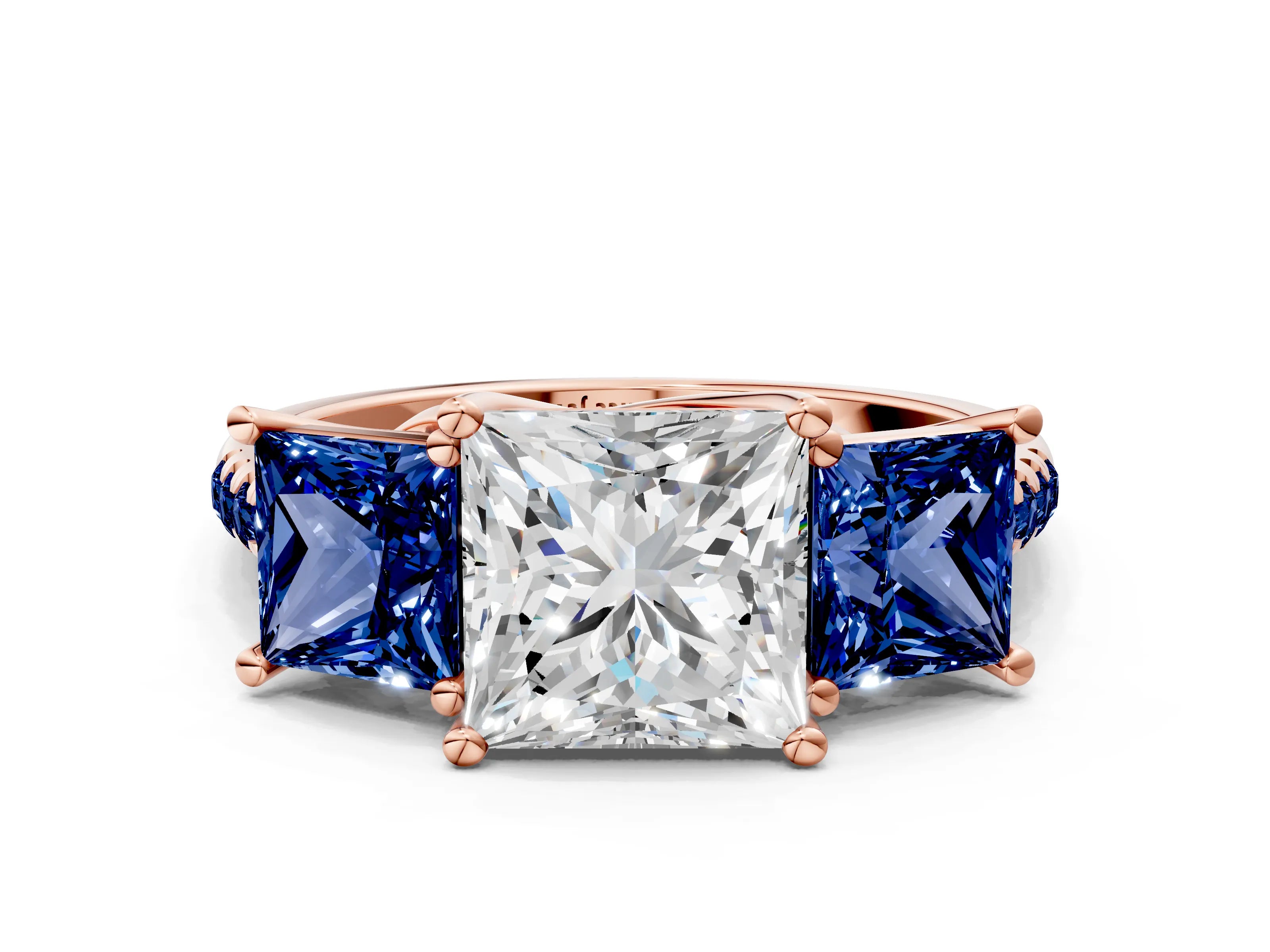 Rose gold Three-Stone Princess Cut Diamond Ring with Round with Blue Sapphire side stone Pavé Band and Prong Setting