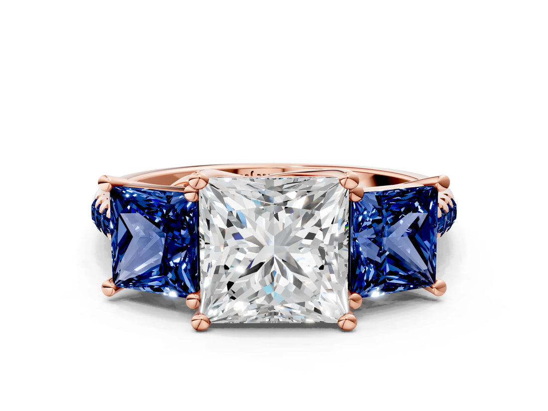 Rose gold Three-Stone Princess Cut Diamond Ring with Round with Blue Sapphire side stone Pavé Band and Prong Setting