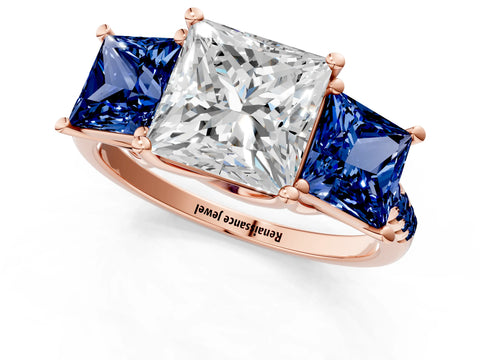 Rose gold Three-Stone Princess Cut Diamond Ring with Round with Blue Sapphire side stone Pavé Band and Prong Setting_1