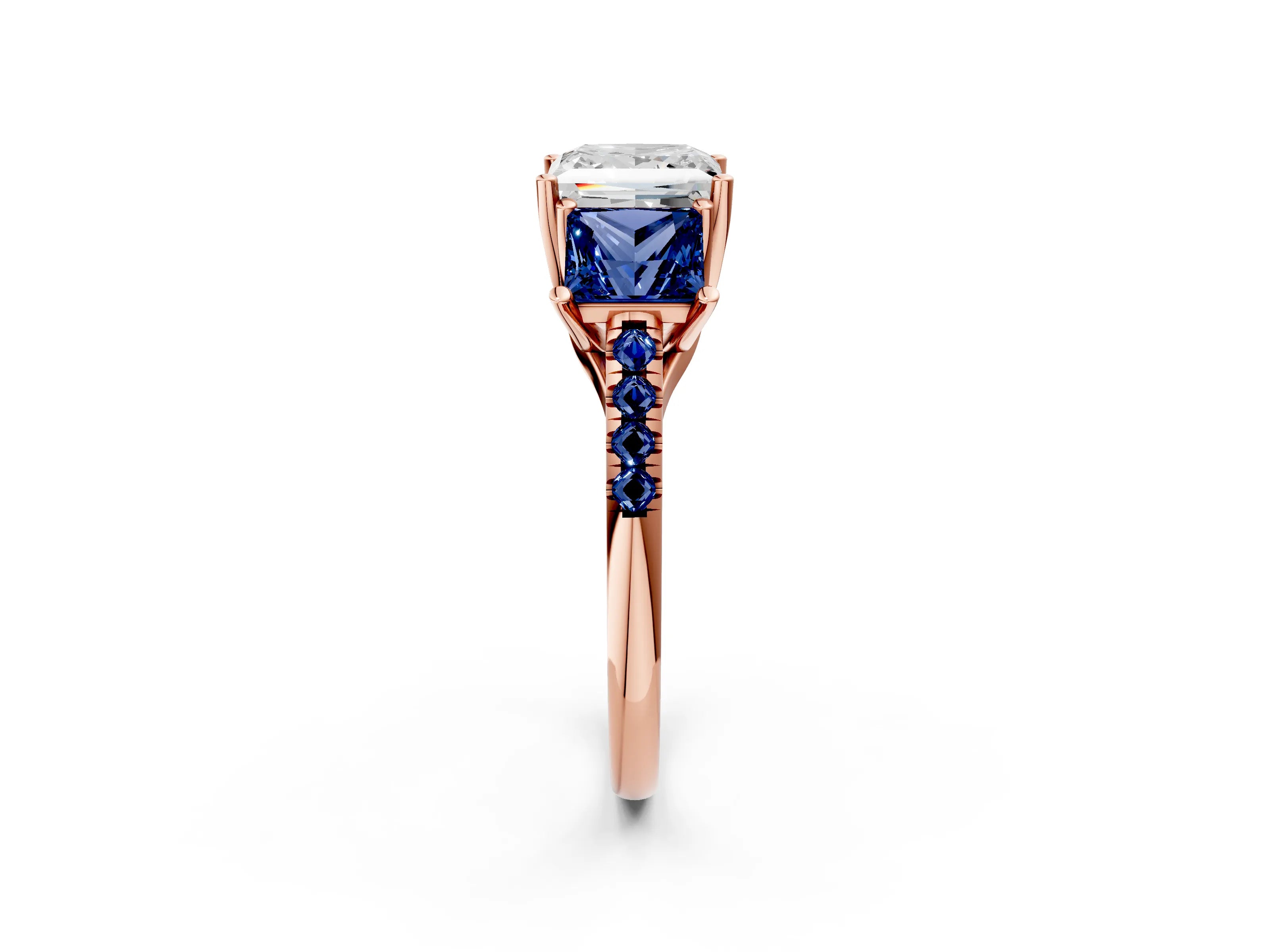 Rose gold Three-Stone Princess Cut Diamond Ring with Round with Blue Sapphire side stone Pavé Band and Prong Setting_2