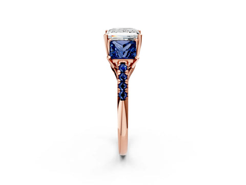 Rose gold Three-Stone Princess Cut Diamond Ring with Round with Blue Sapphire side stone Pavé Band and Prong Setting_2