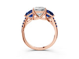 Rose gold Three-Stone Princess Cut Diamond Ring with Round with Blue Sapphire side stone Pavé Band and Prong Setting_3