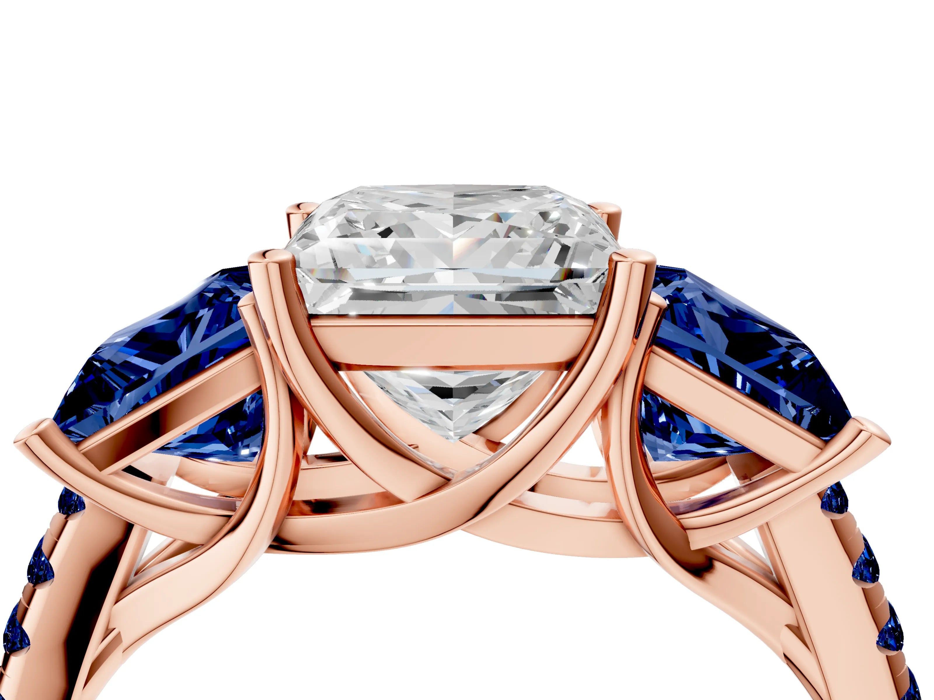 Rose gold Three-Stone Princess Cut Diamond Ring with Round with Blue Sapphire side stone Pavé Band and Prong Setting_4