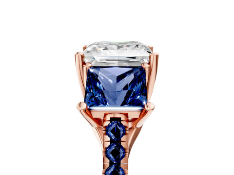 Rose gold Three-Stone Princess Cut Diamond Ring with Round with Blue Sapphire side stone Pavé Band and Prong Setting_5