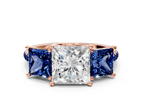 Rose gold Three-Stone Princess Cut Diamond Ring with Round with Blue Sapphire side stone Pavé Band and Prong Setting