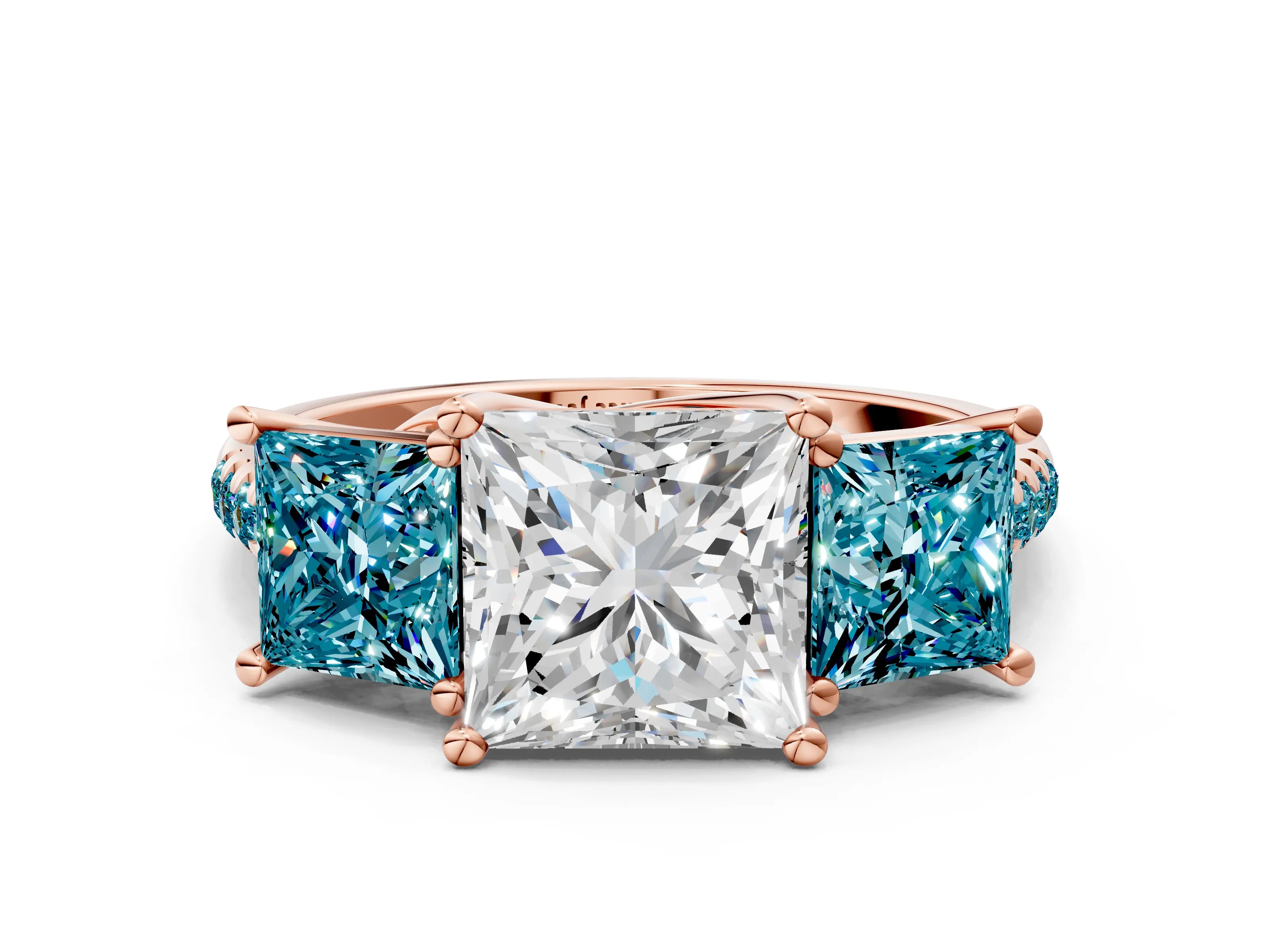 Rose gold Three-Stone Princess Cut Diamond Ring with Round with Blue Topaz side stone Pavé Band and Prong Setting