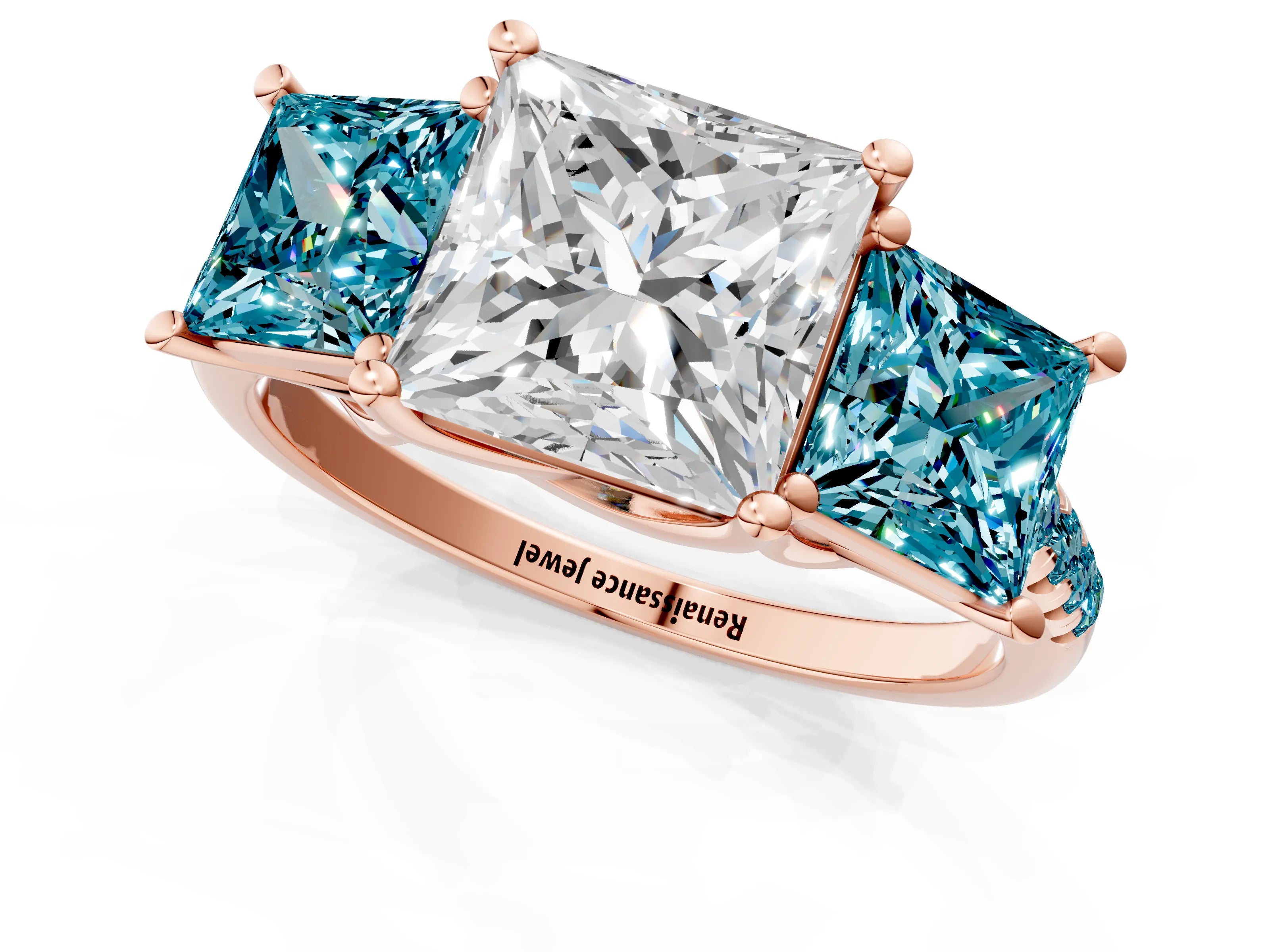 Rose gold Three-Stone Princess Cut Diamond Ring with Round with Blue Topaz side stone Pavé Band and Prong Setting_1