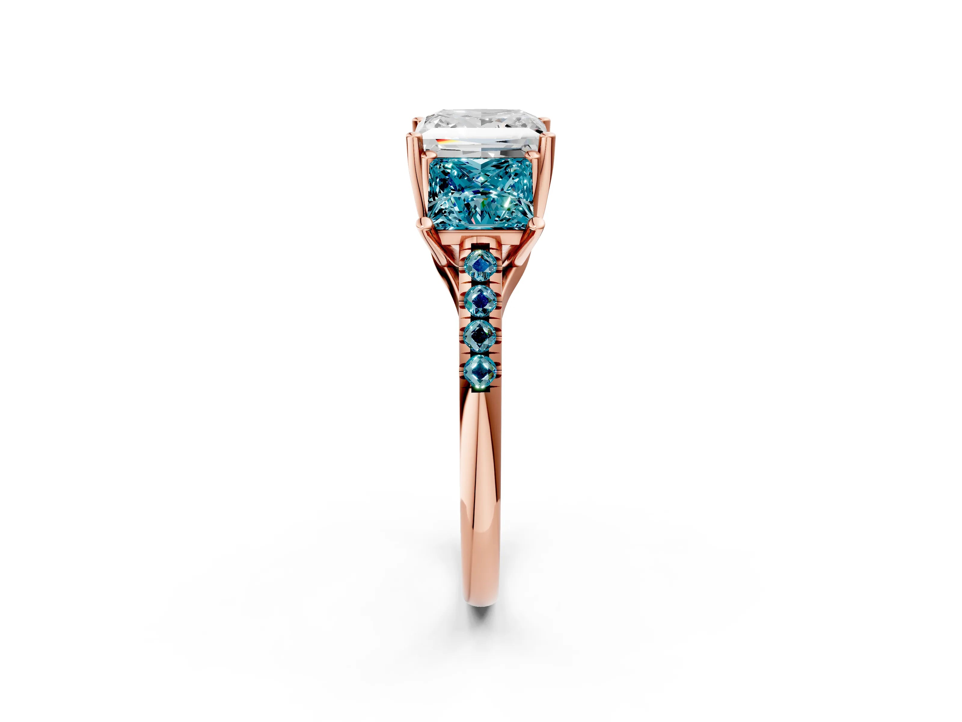 Rose gold Three-Stone Princess Cut Diamond Ring with Round with Blue Topaz side stone Pavé Band and Prong Setting_2