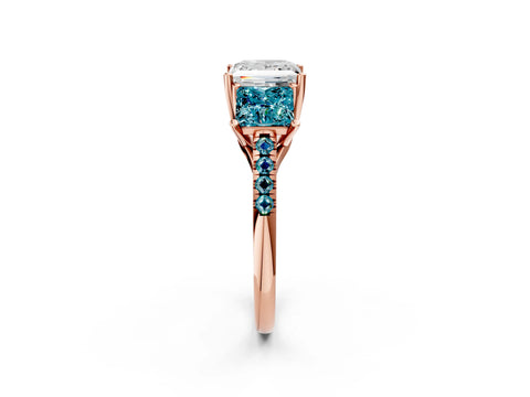 Rose gold Three-Stone Princess Cut Diamond Ring with Round with Blue Topaz side stone Pavé Band and Prong Setting_2