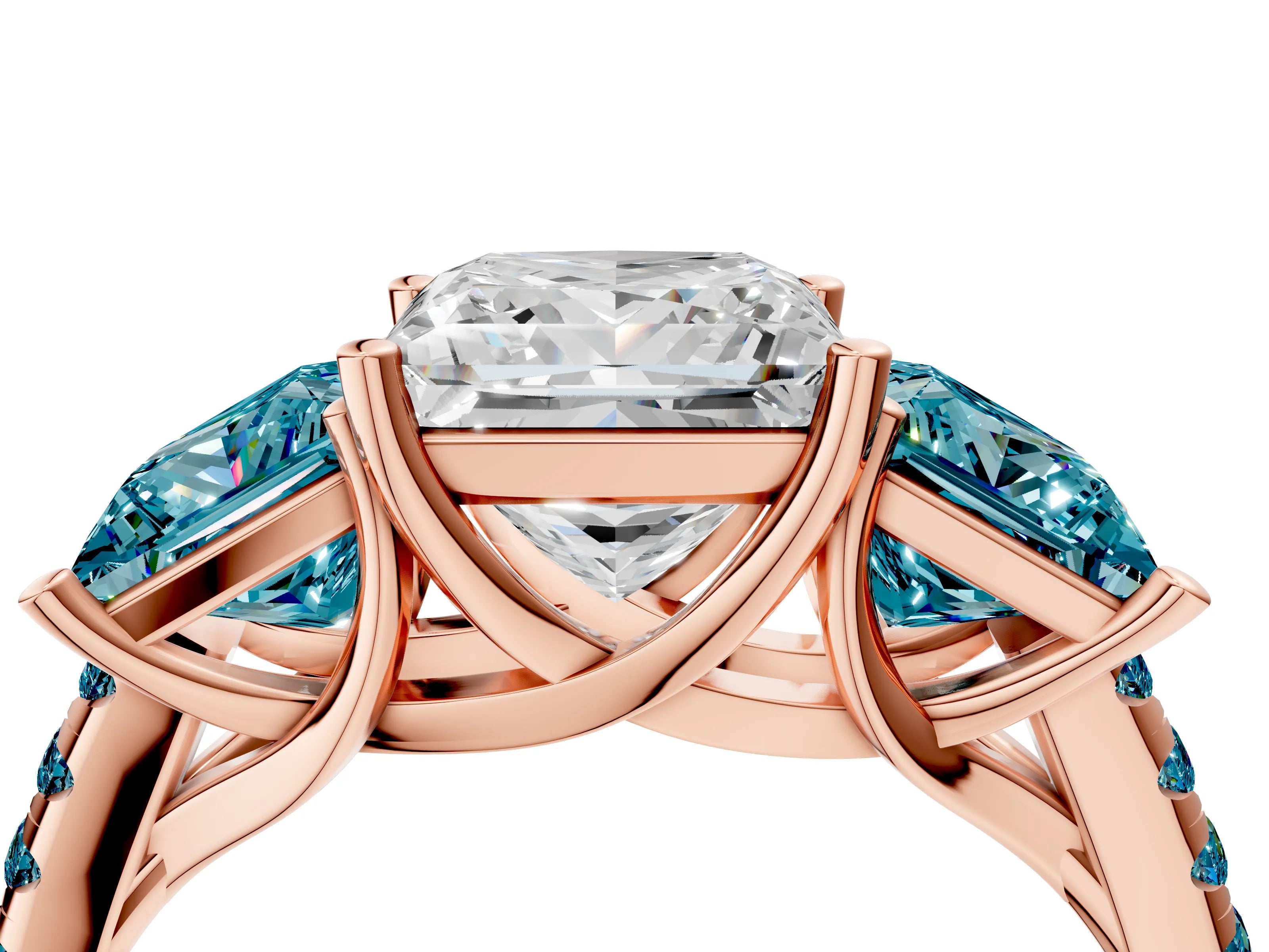 Rose gold Three-Stone Princess Cut Diamond Ring with Round with Blue Topaz side stone Pavé Band and Prong Setting_4