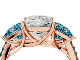Rose gold Three-Stone Princess Cut Diamond Ring with Round with Blue Topaz side stone Pavé Band and Prong Setting_4