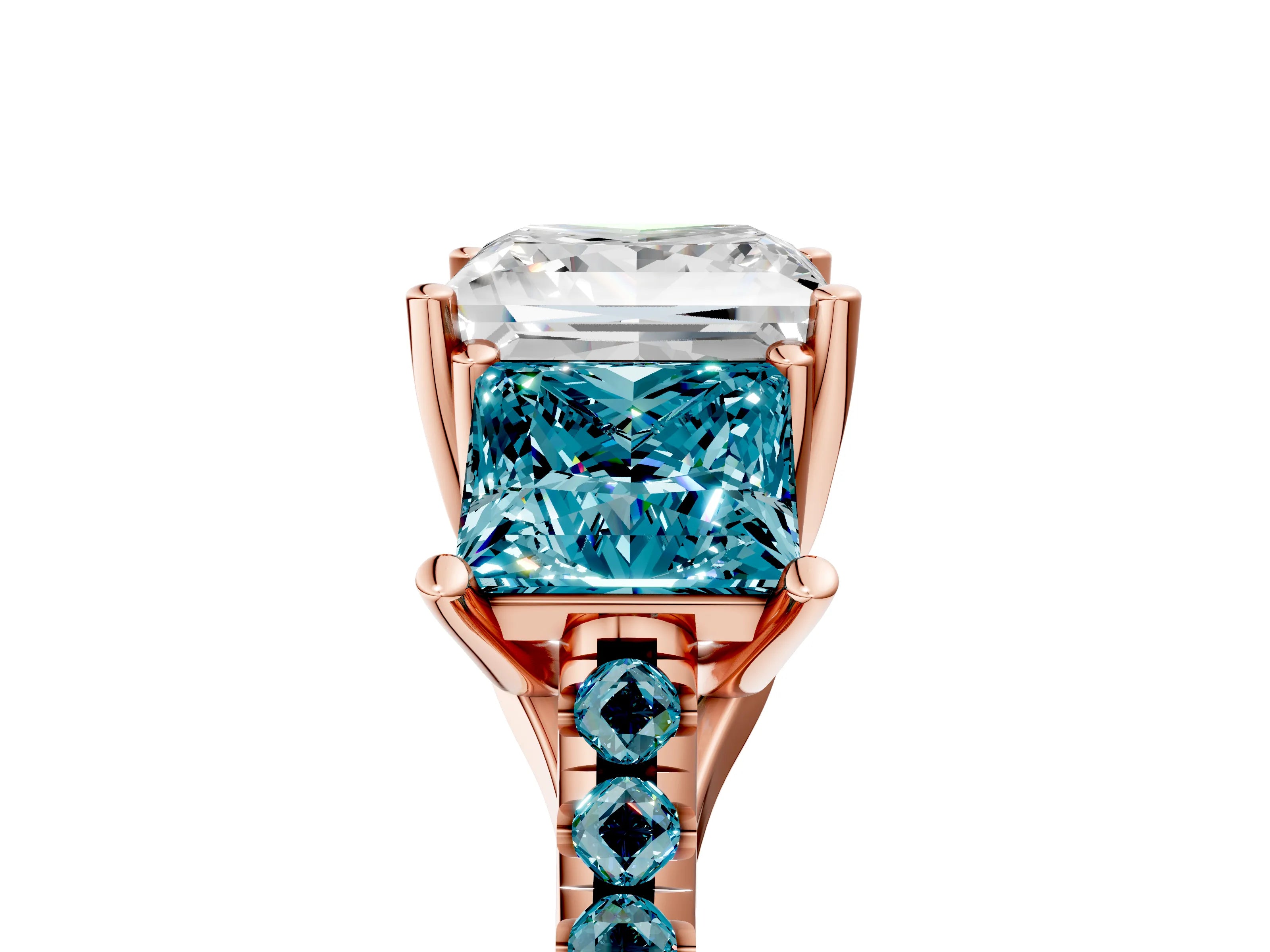 Rose gold Three-Stone Princess Cut Diamond Ring with Round with Blue Topaz side stone Pavé Band and Prong Setting_5