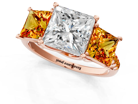 Rose gold Three-Stone Princess Cut Diamond Ring with Round with Citrine side stone Pavé Band and Prong Setting_1
