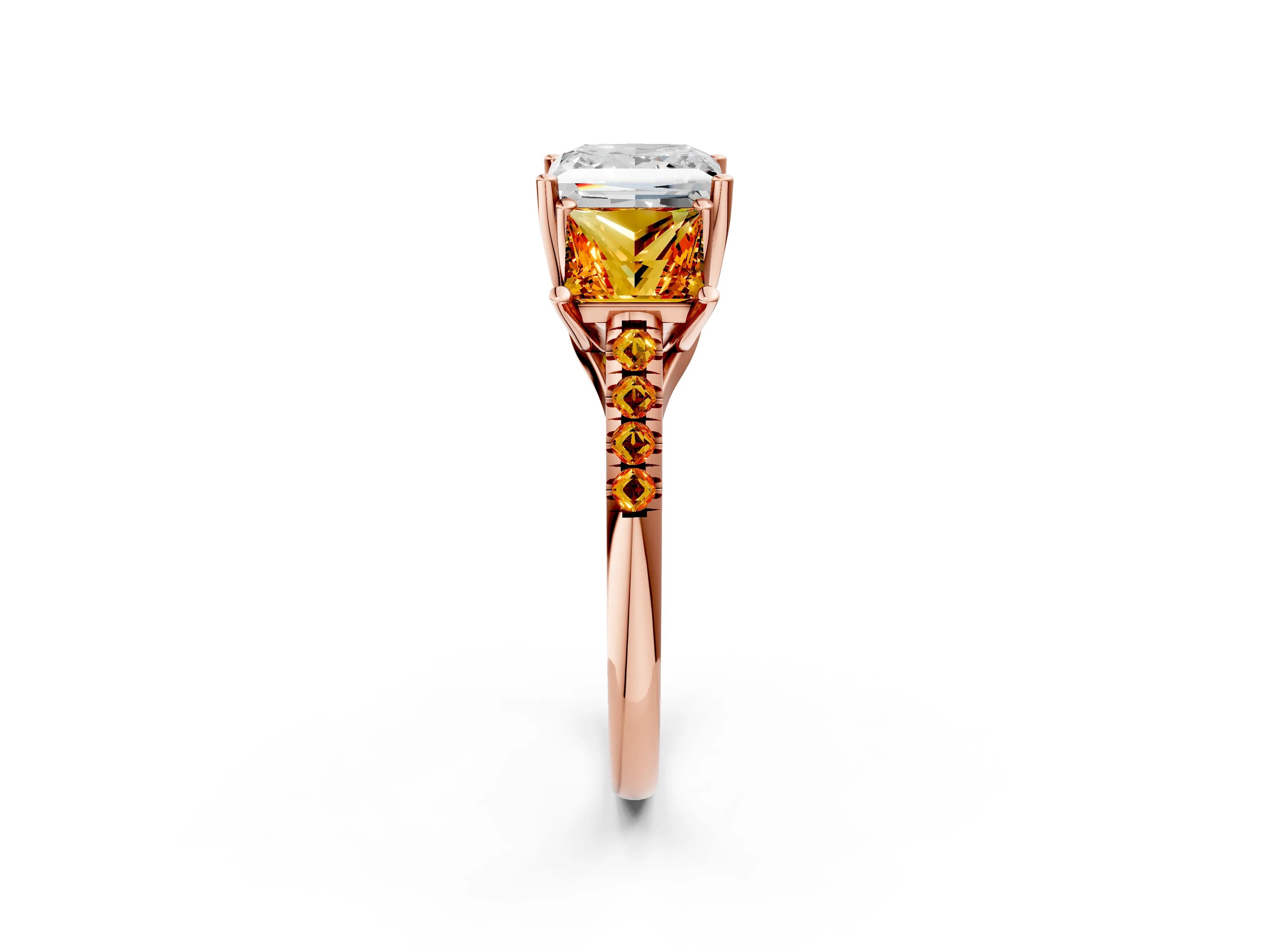 Rose gold Three-Stone Princess Cut Diamond Ring with Round with Citrine side stone Pavé Band and Prong Setting_2