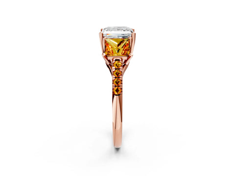 Rose gold Three-Stone Princess Cut Diamond Ring with Round with Citrine side stone Pavé Band and Prong Setting_2