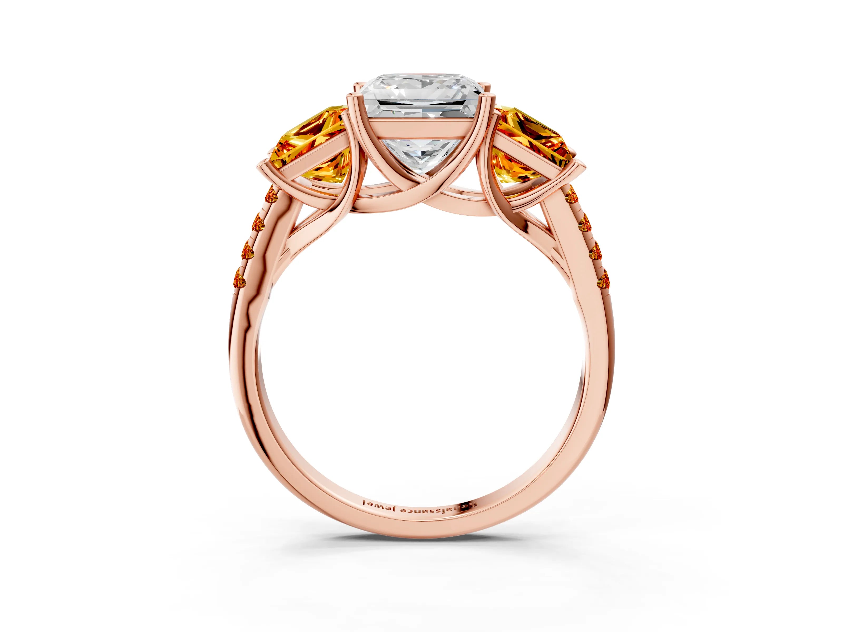 Rose gold Three-Stone Princess Cut Diamond Ring with Round with Citrine side stone Pavé Band and Prong Setting_3
