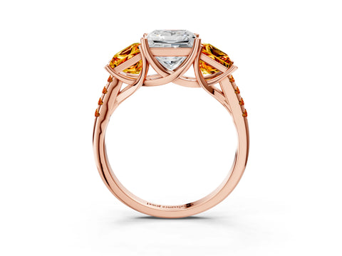 Rose gold Three-Stone Princess Cut Diamond Ring with Round with Citrine side stone Pavé Band and Prong Setting_3
