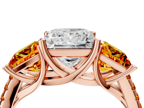 Rose gold Three-Stone Princess Cut Diamond Ring with Round with Citrine side stone Pavé Band and Prong Setting_4